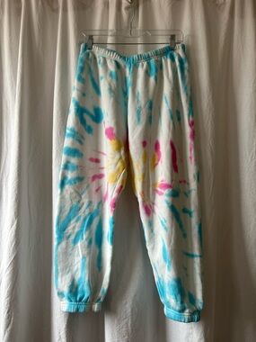 Spiritual Gangster White Tie-Dye Sweatpants with Blue, Pink & Yellow